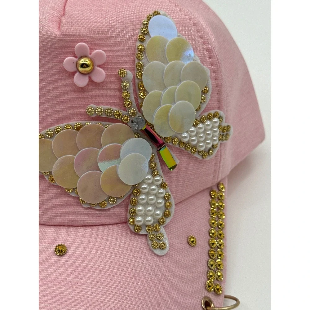Pink Butterfly Sequin Pearl Rhinestone Baseball Cap with Gold Rings Accent Hat